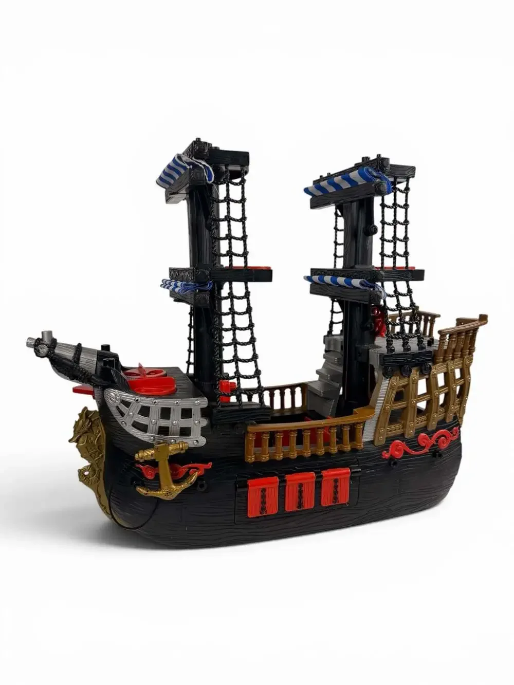 2006 Fisher-Price Imaginext Pirate Ship Toy (Black with Blue and White Sails)